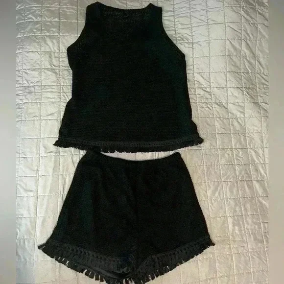 SHEIN Set Lune Tank Top And Fringe Trim Shorts Color Black Size Large - Picture 3 of 9